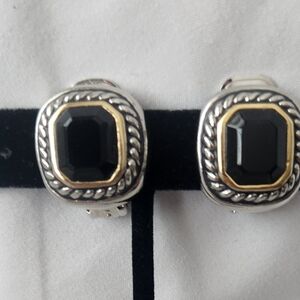 Vintage Cable Trim Earrings, Gold and Silver tones with Black Onyx